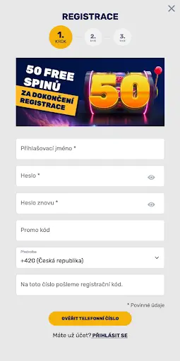 Forbes Casino — Registrace s Bonusem 50 Free Spinů Registrační formulář Forbes Casino se vstupním bonusem 50 free spinů za dokončení registrace, krok 1 ze 3.