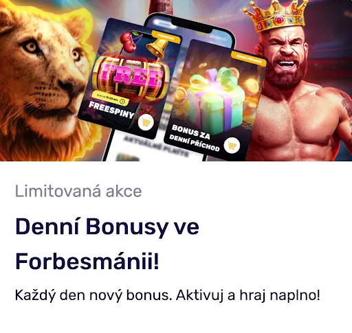 Forbes Casino — Denní Bonusy ve Forbesmánii Propagační banner Forbes Casino s denními bonusy ve Forbesmánii, zobrazený lev s automatem, dárkovou krabicí a postavou krále v koruně.