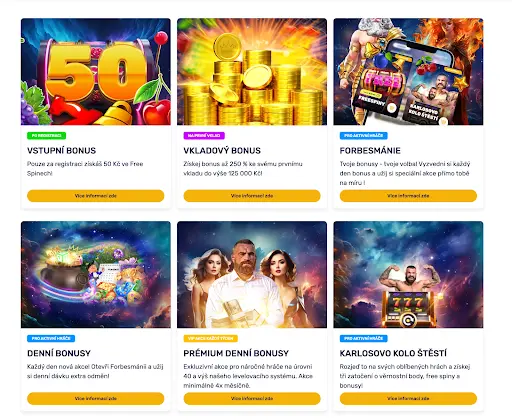 Forbes Casino — Vstupní, Vkladové a Denní Bonusy, Forbesmánie a Kolo Štěstí Přehled bonusových nabídek Forbes Casino — vstupní bonus 50 free spinů, vkladový bonus až 125 000 Kč, Forbesmánie s denními akcemi, denní bonusy, prémiové denní bonusy a Karlosovo kolo štěstí.